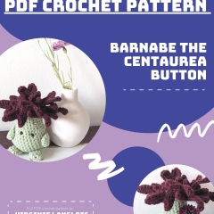 Barnabe the centaurea button flower amigurumi pattern by Cosmos.crochet.qc