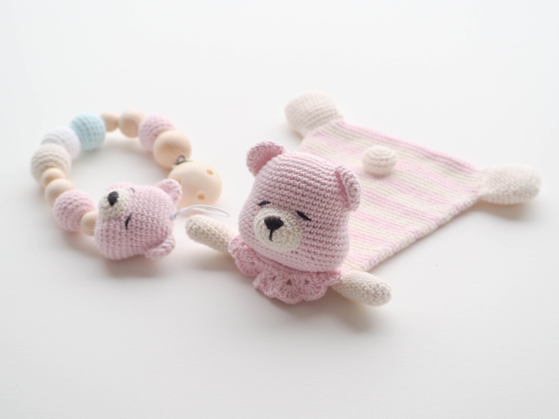 Teddy Bear Lovey and Pacifier Clip amigurumi pattern