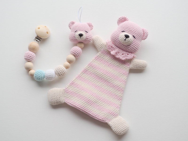 Teddy Bear Lovey and Pacifier Clip amigurumi pattern