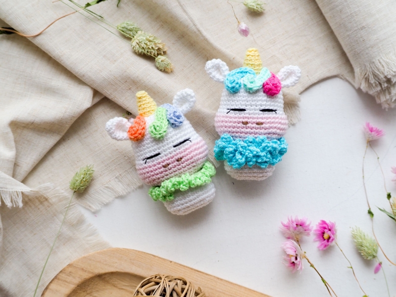 mini toys: cat, unicorn, flamingo, raccoon, dog and red panda amigurumi ...